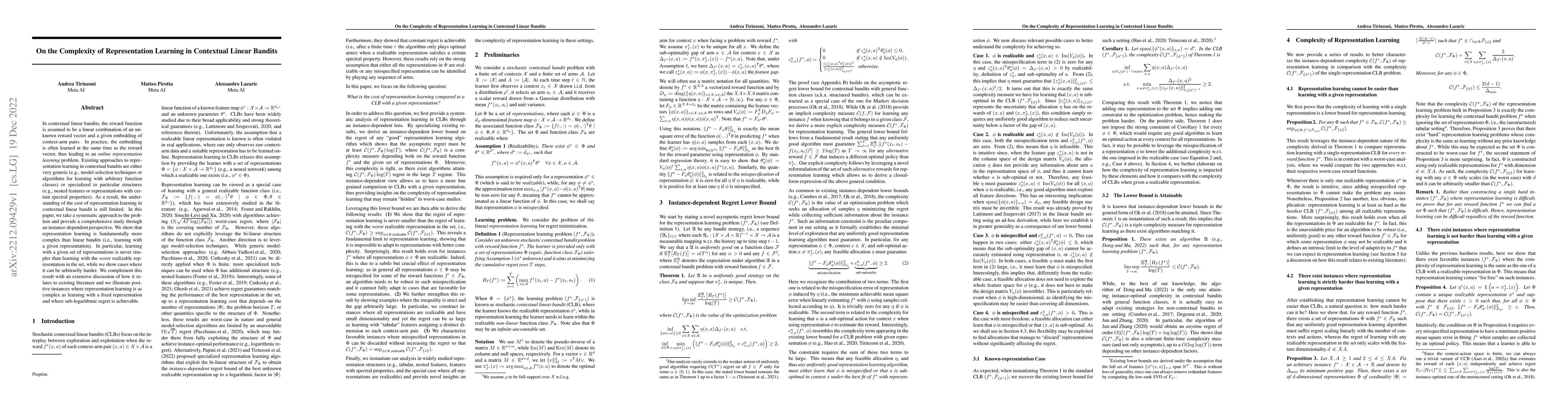 Thumbnail for On the Complexity of Representation Learning in Contextual Linear
  Bandits