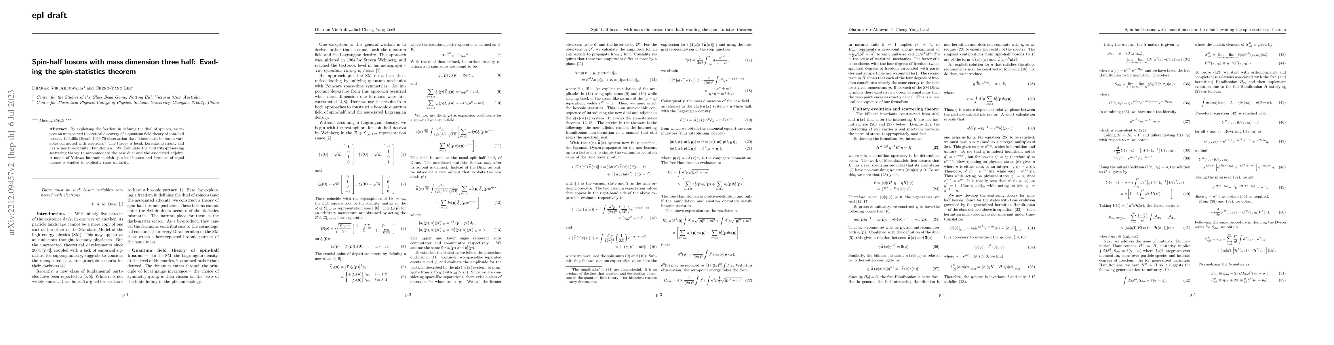 Thumbnail for Spin-half bosons with mass dimension three half: Evading the
  spin-statistics theorem