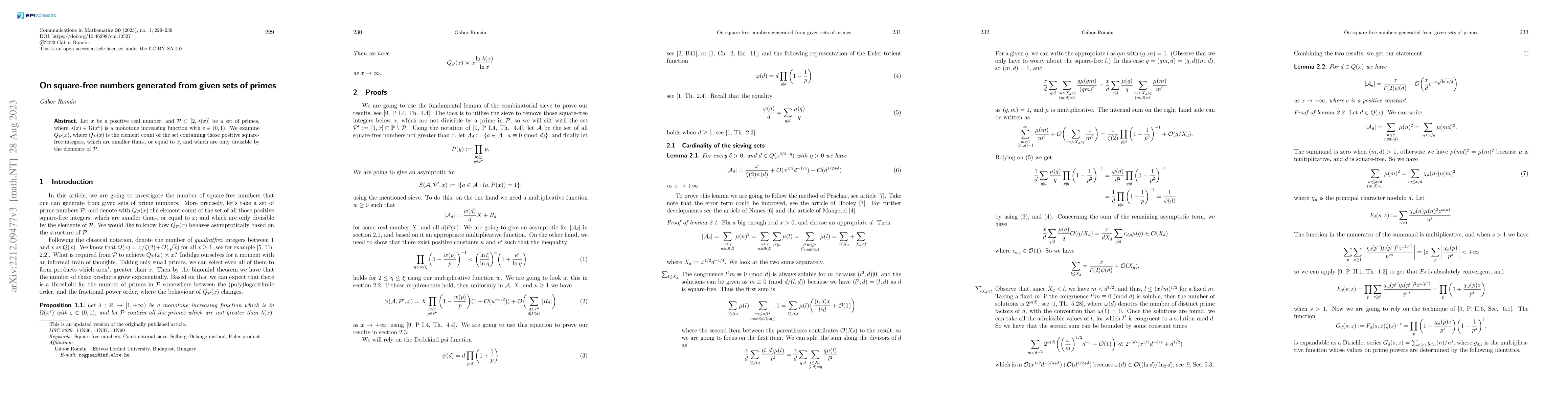 Thumbnail for On square-free numbers generated from given sets of primes