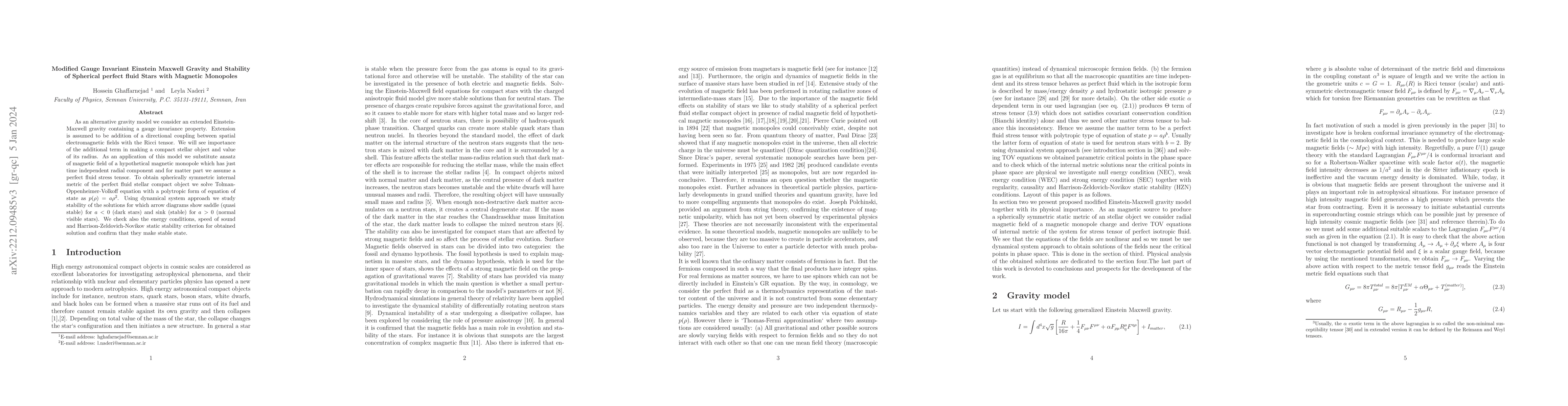 Thumbnail for Modified Gauge Invariant Einstein Maxwell Gravity and Stability of
  Spherical perfect fluid Stars with Magnetic Monopoles