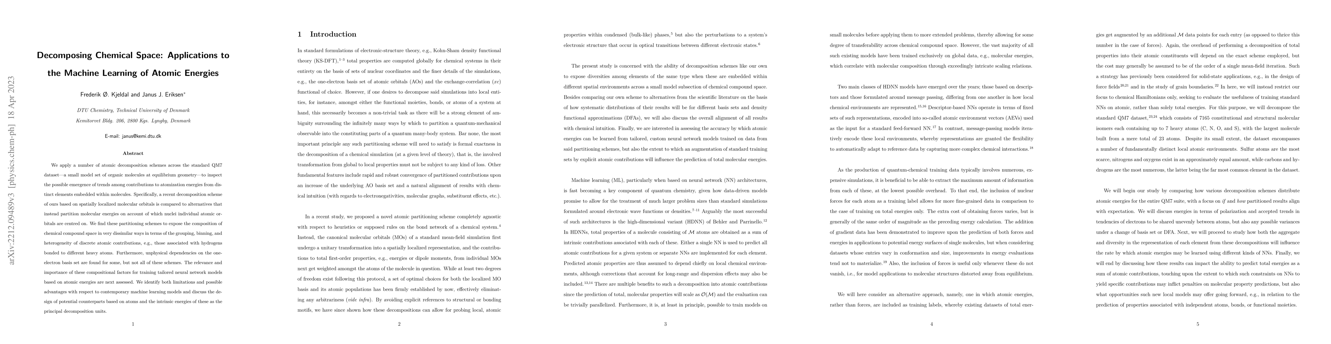 Thumbnail for Decomposing Chemical Space: Applications to the Machine Learning of
  Atomic Energies