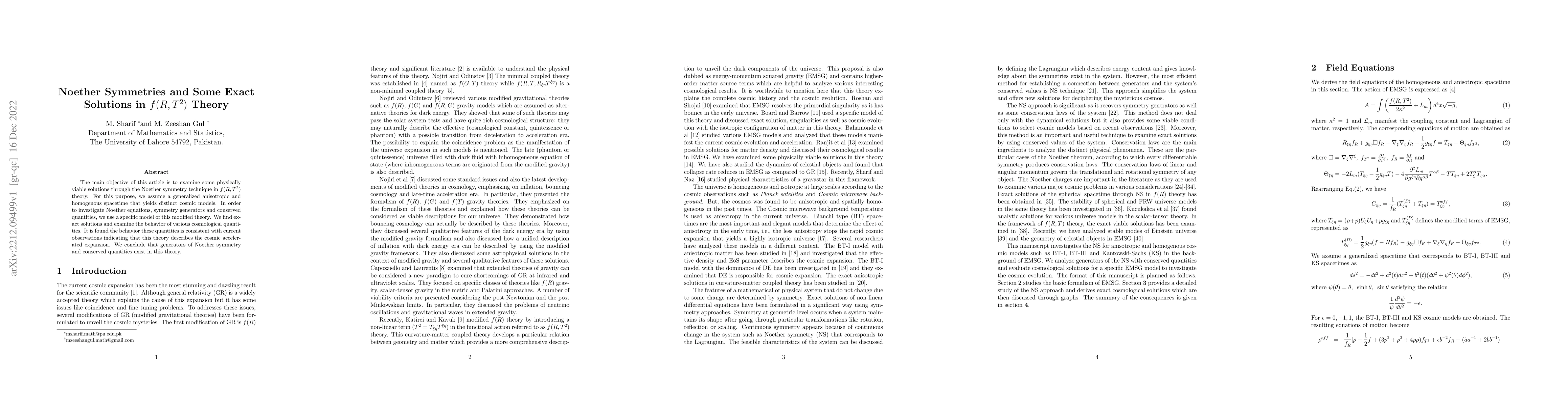 Thumbnail for Noether Symmetries and Some Exact Solutions in $f(R, T^{2})$ Theory