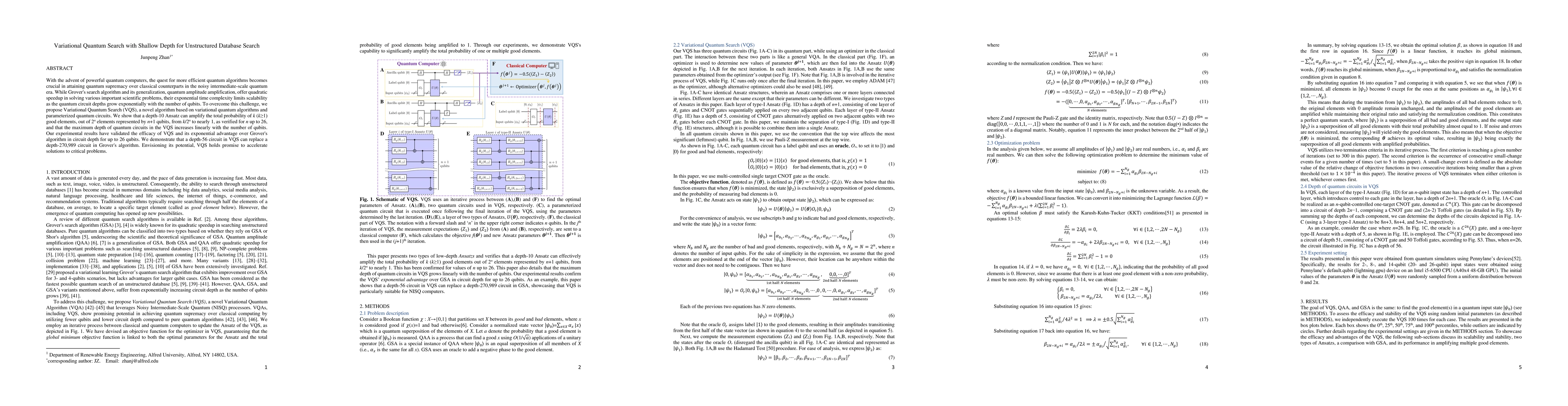 Thumbnail for Variational Quantum Search with Shallow Depth for Unstructured Database
  Search