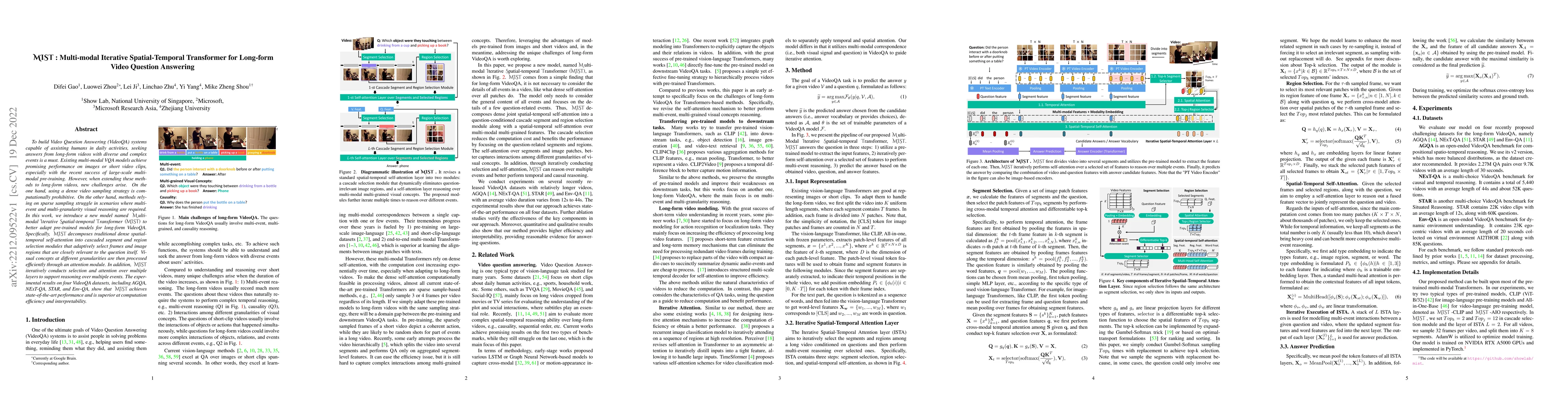 Thumbnail for MIST: Multi-modal Iterative Spatial-Temporal Transformer for Long-form
  Video Question Answering