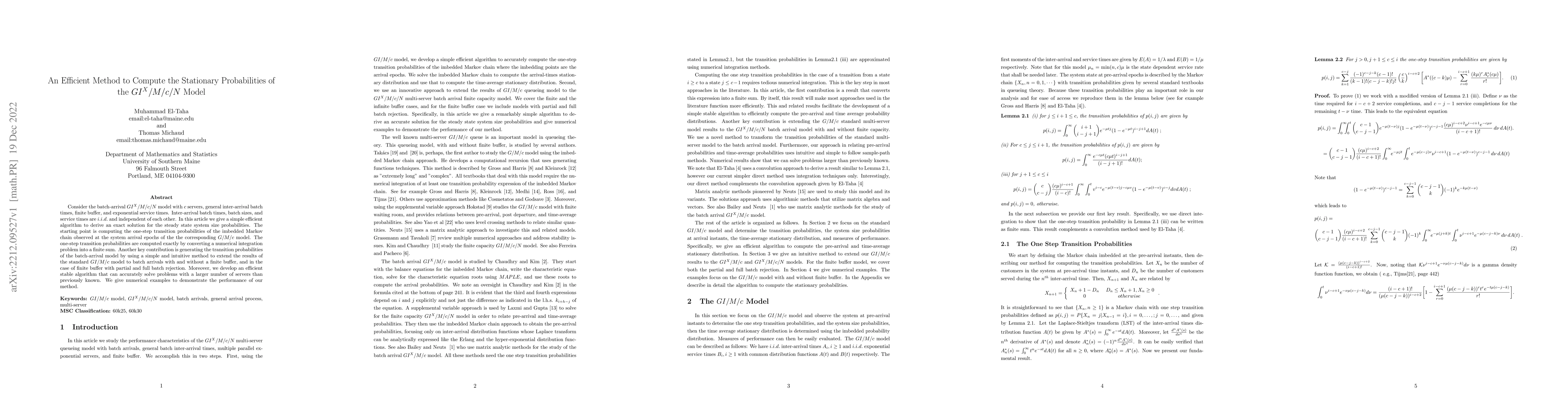Thumbnail for An Efficient Method to Compute the Stationary Probabilities of the
  $GI^X/M/c/N$ Model