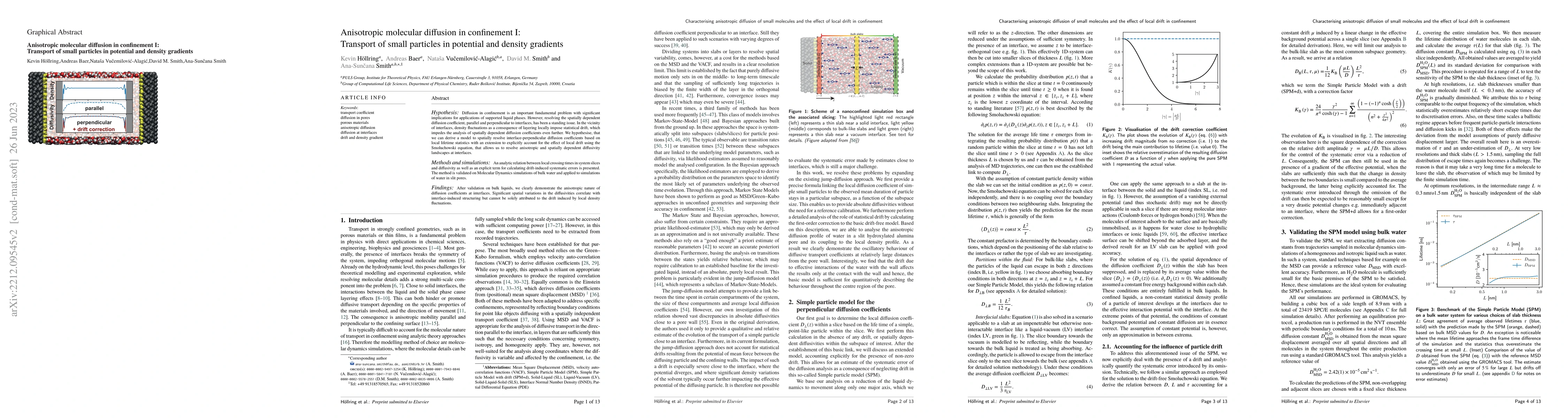 Thumbnail for Anisotropic molecular diffusion in confinement I: Transport of small
  particles in potential and density gradients