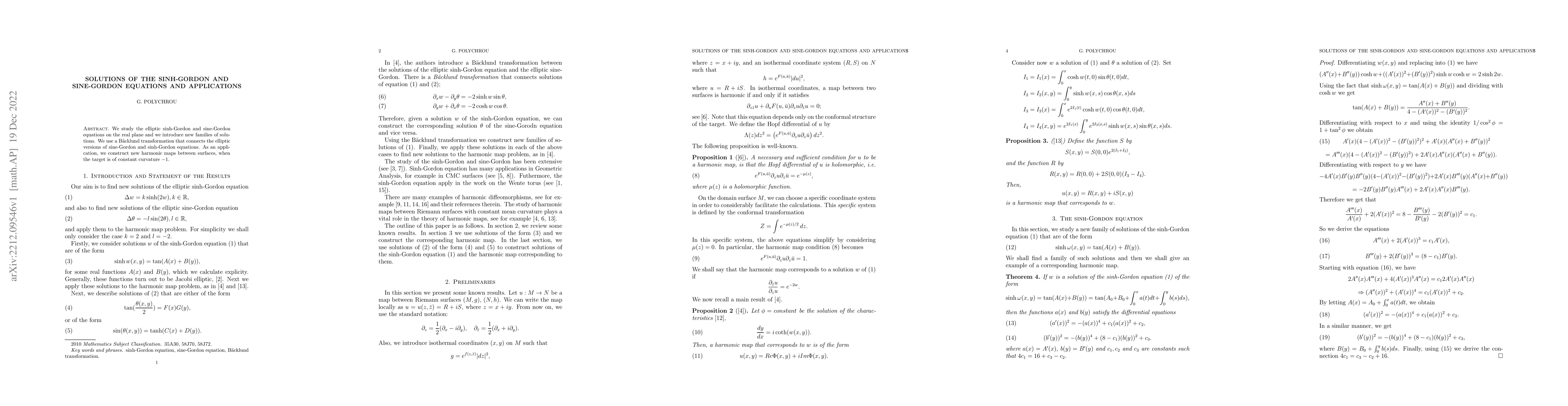 Thumbnail for Solutions of the Sinh-Gordon and Sine-Gordon equations and applications