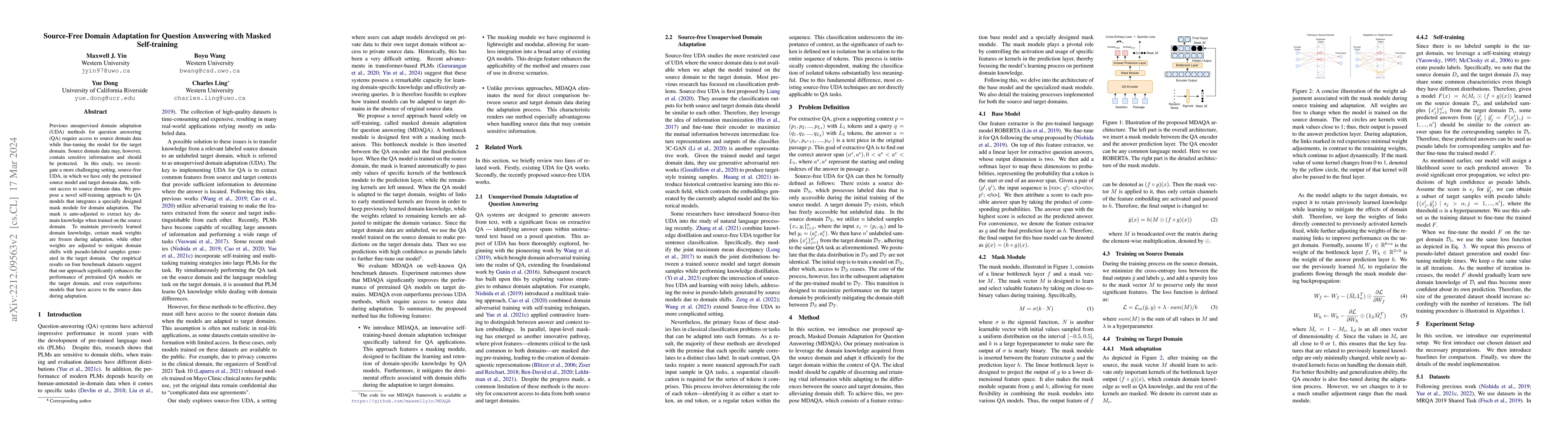 Thumbnail for Source-Free Domain Adaptation for Question Answering with Masked
  Self-training