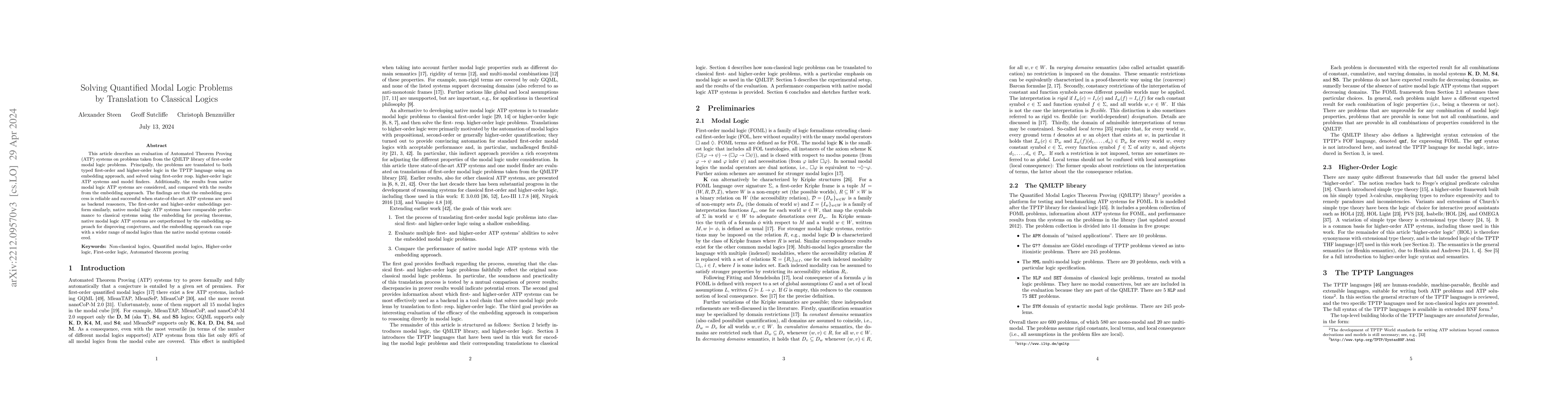Thumbnail for Solving Quantified Modal Logic Problems by Translation to Classical
  Logics