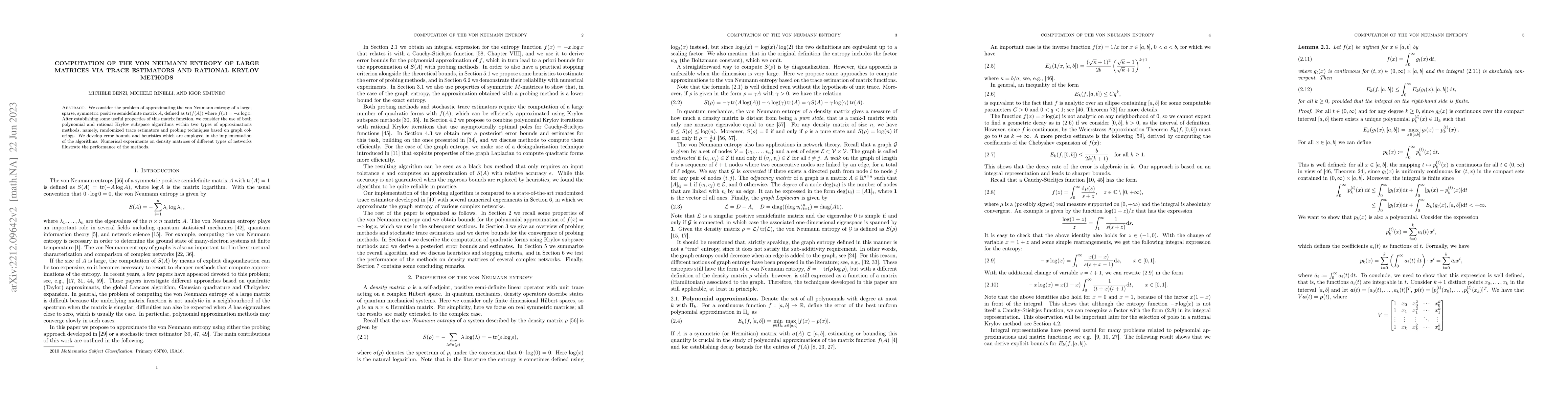 Thumbnail for Computation of the von Neumann entropy of large matrices via trace
  estimators and rational Krylov methods
