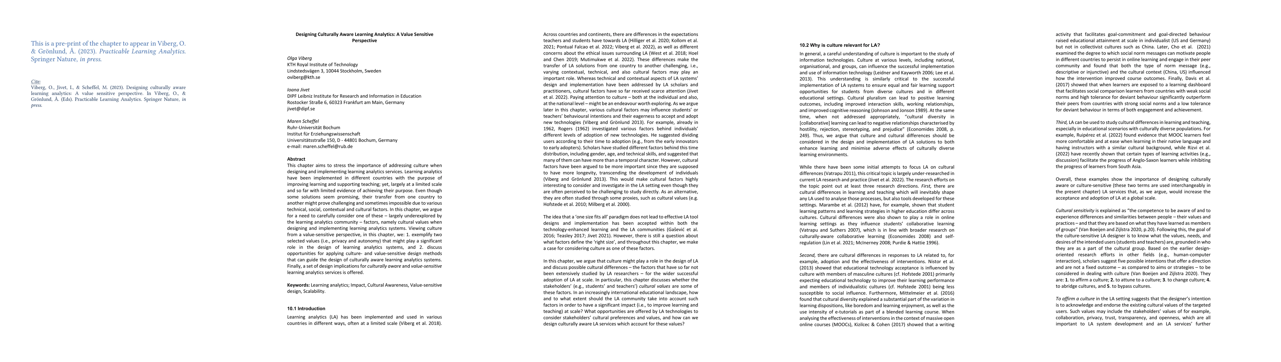 Thumbnail for Designing Culturally Aware Learning Analytics: A Value Sensitive
  Perspective