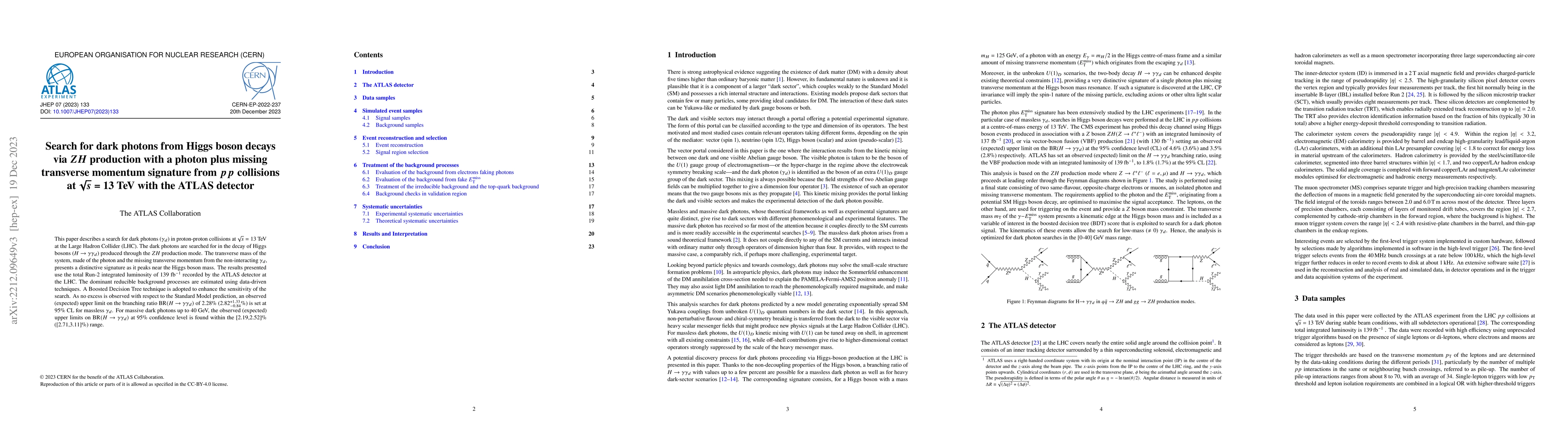 Thumbnail for Search for dark photons from Higgs boson decays via $ZH$ production with
  a photon plus missing transverse momentum signature from $pp$ collisions at
  $\sqrt{s}$ = 13 TeV with the ATLAS detector