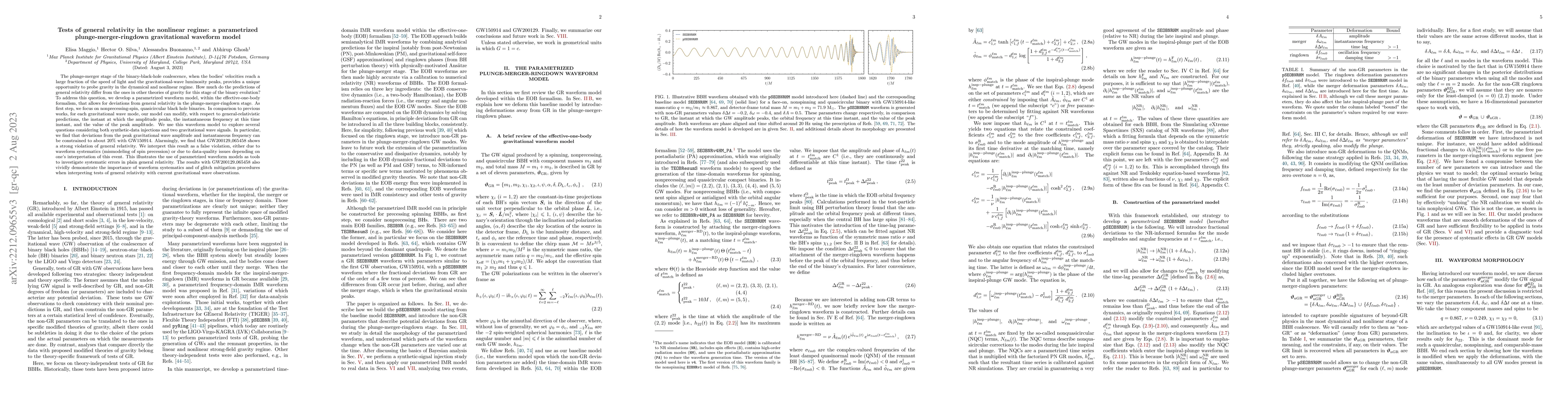 Thumbnail for Tests of general relativity in the nonlinear regime: a parametrized
  plunge-merger-ringdown gravitational waveform model