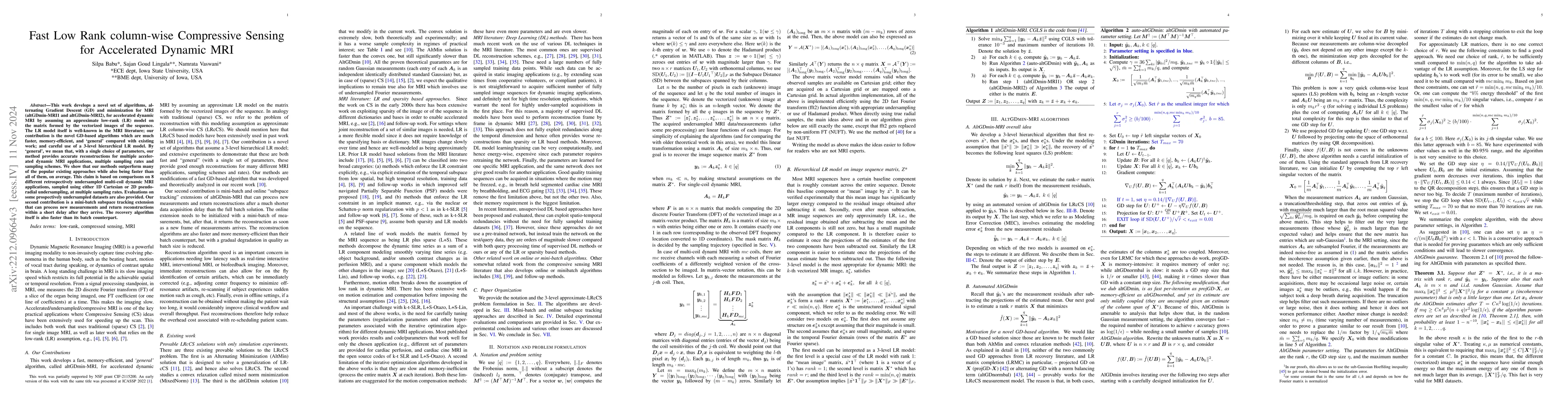 Thumbnail for Fast Low Rank column-wise Compressive Sensing for Accelerated Dynamic
  MRI