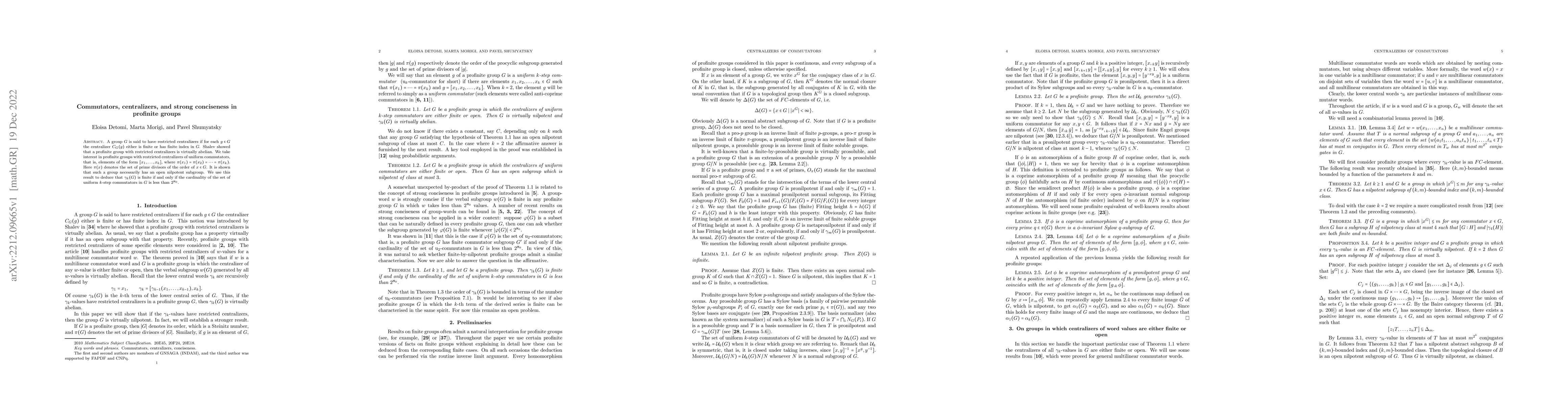 Thumbnail for Commutators, centralizers, and strong conciseness in profinite groups