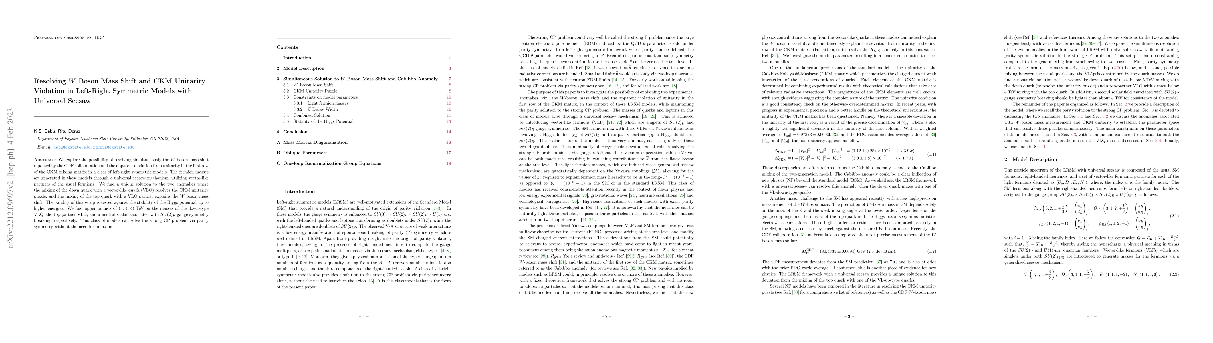Thumbnail for Resolving ${\bf W}$ Boson Mass Shift and CKM Unitarity Violation in
  Left-Right Symmetric Models with Universal Seesaw