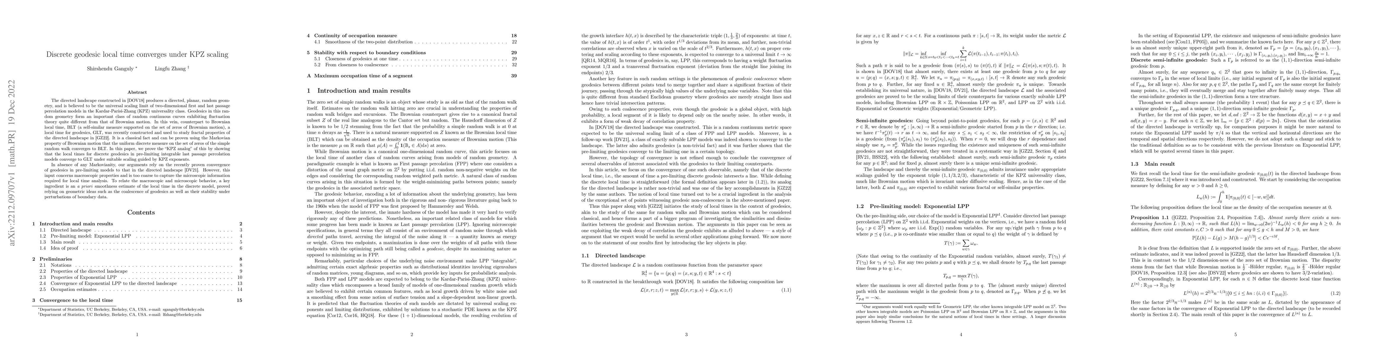 Thumbnail for Discrete geodesic local time converges under KPZ scaling