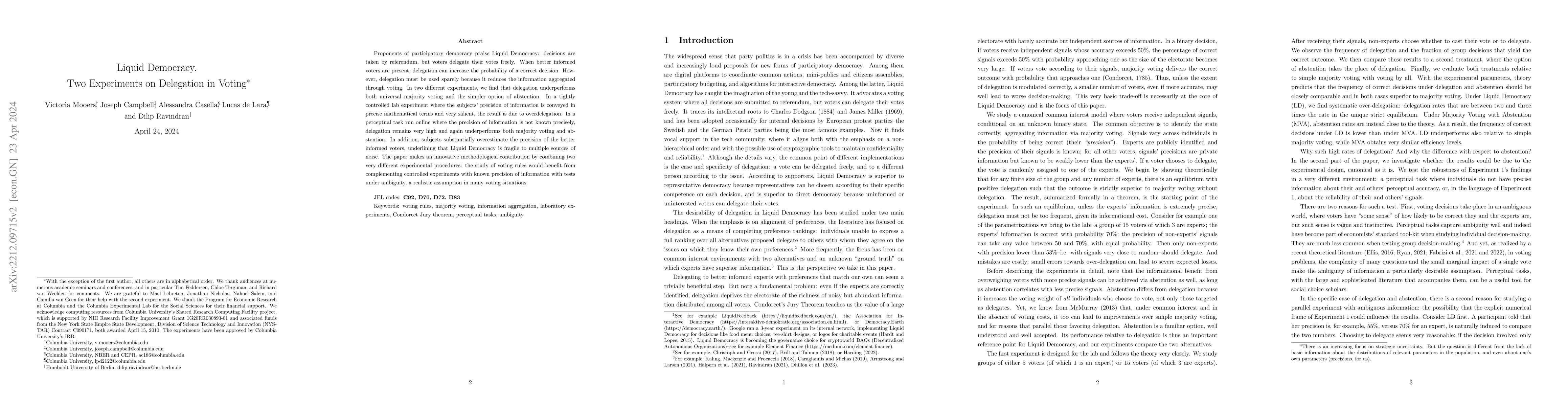 Thumbnail for Liquid Democracy. Two Experiments on Delegation in Voting