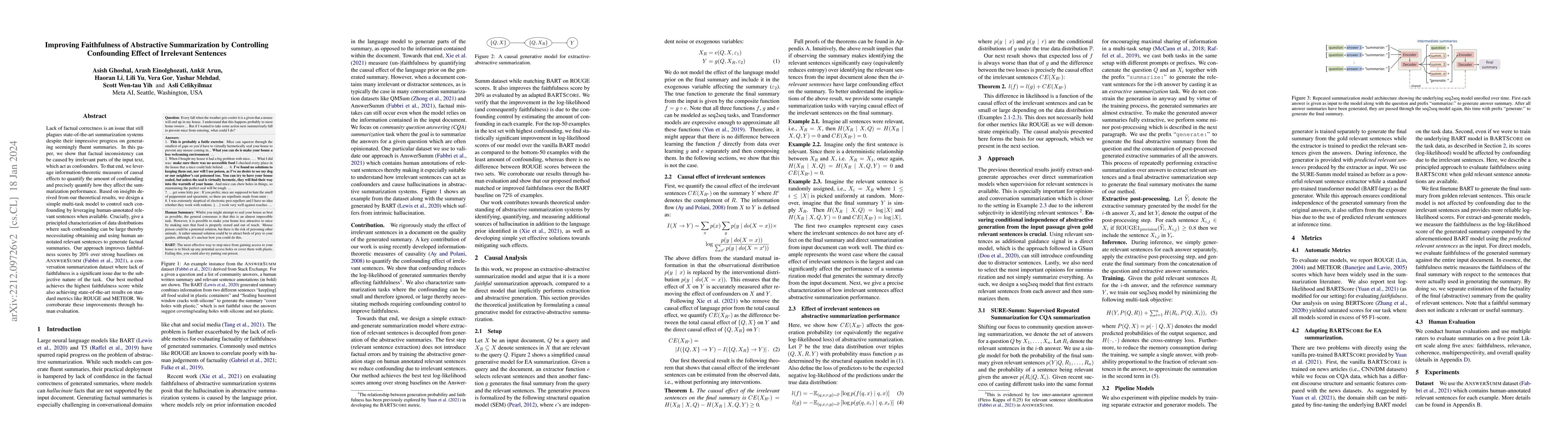 Thumbnail for Improving Faithfulness of Abstractive Summarization by Controlling
  Confounding Effect of Irrelevant Sentences