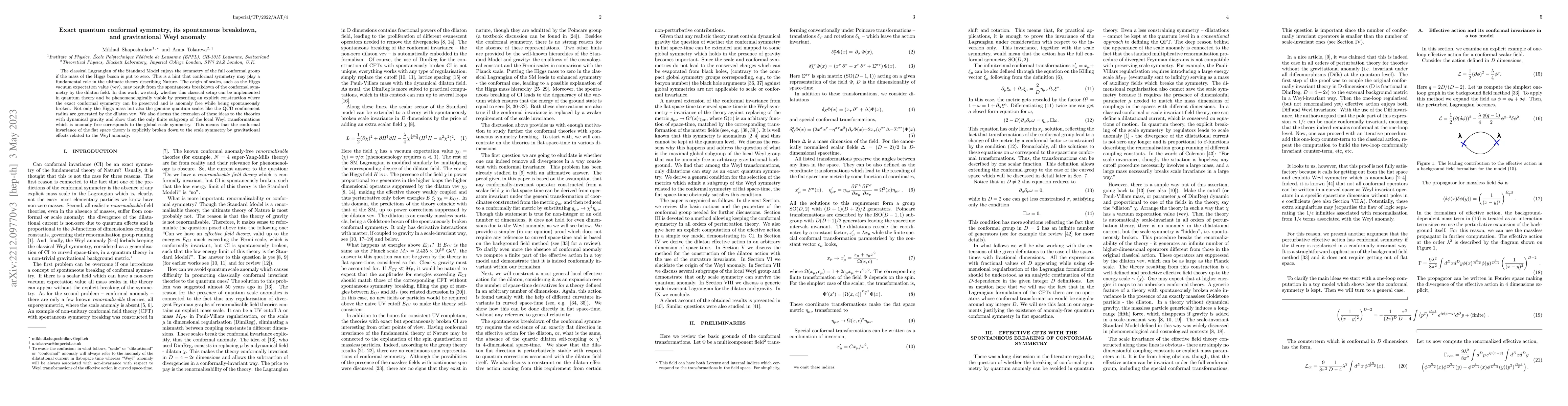 Thumbnail for Exact quantum conformal symmetry, its spontaneous breakdown, and
  gravitational Weyl anomaly