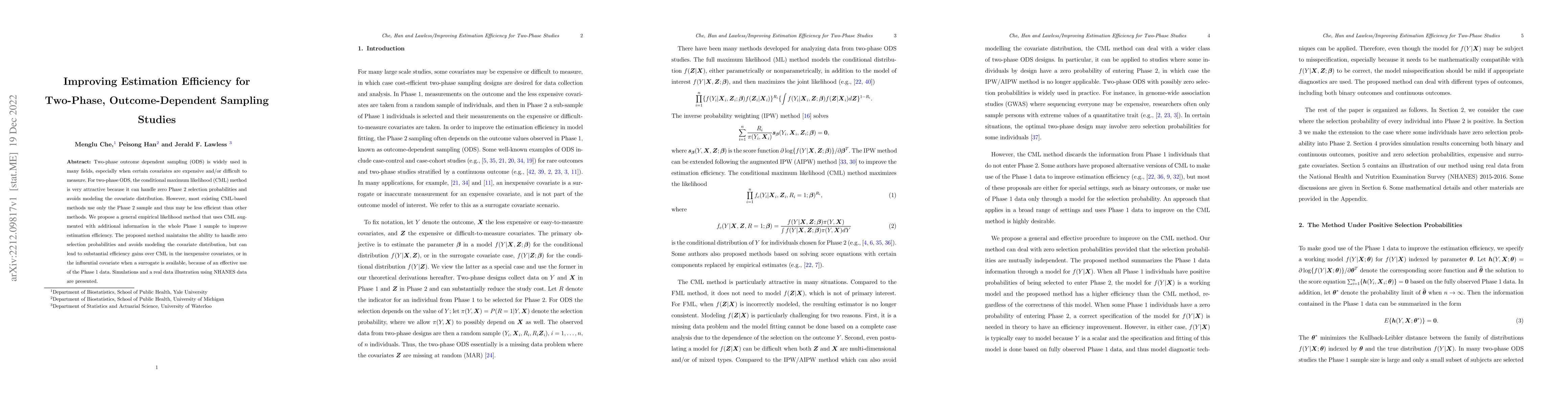 Thumbnail for Improving Estimation Efficiency for Two-Phase, Outcome-Dependent
  Sampling Studies