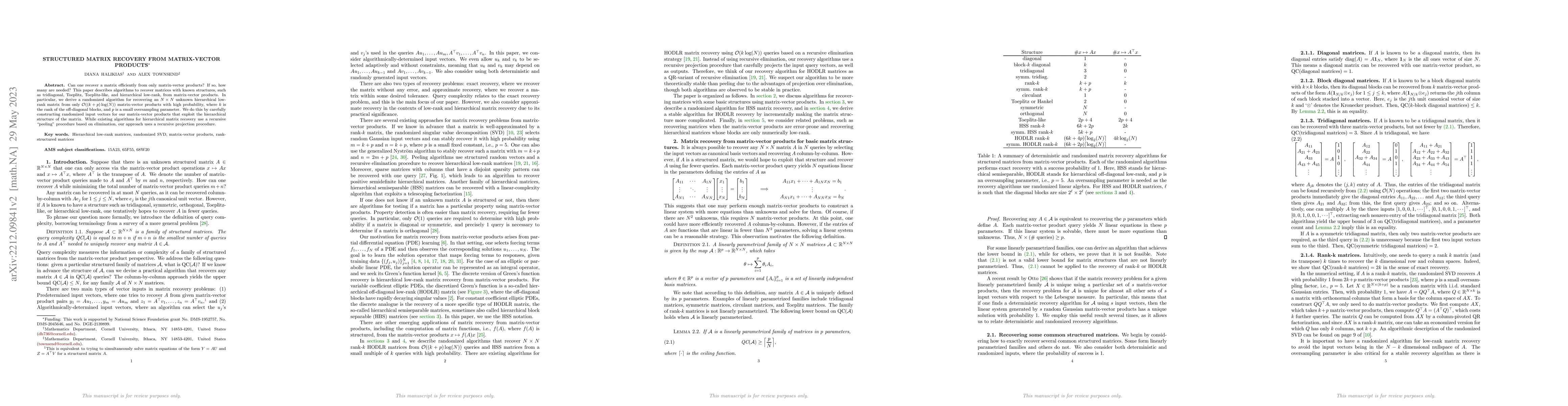 Thumbnail for Structured matrix recovery from matrix-vector products