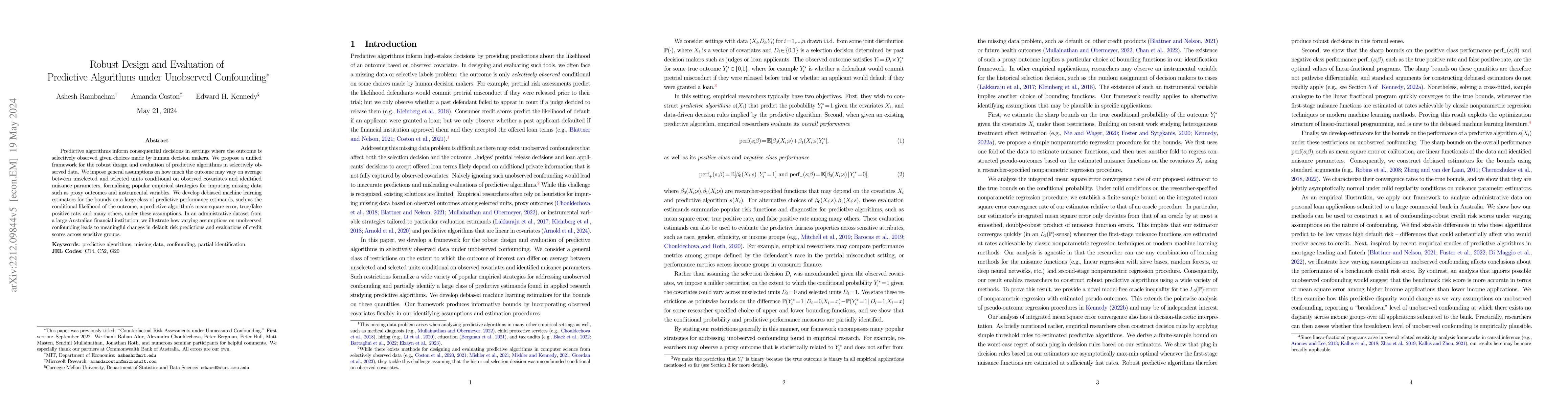 Thumbnail for Robust Design and Evaluation of Predictive Algorithms under Unobserved
  Confounding