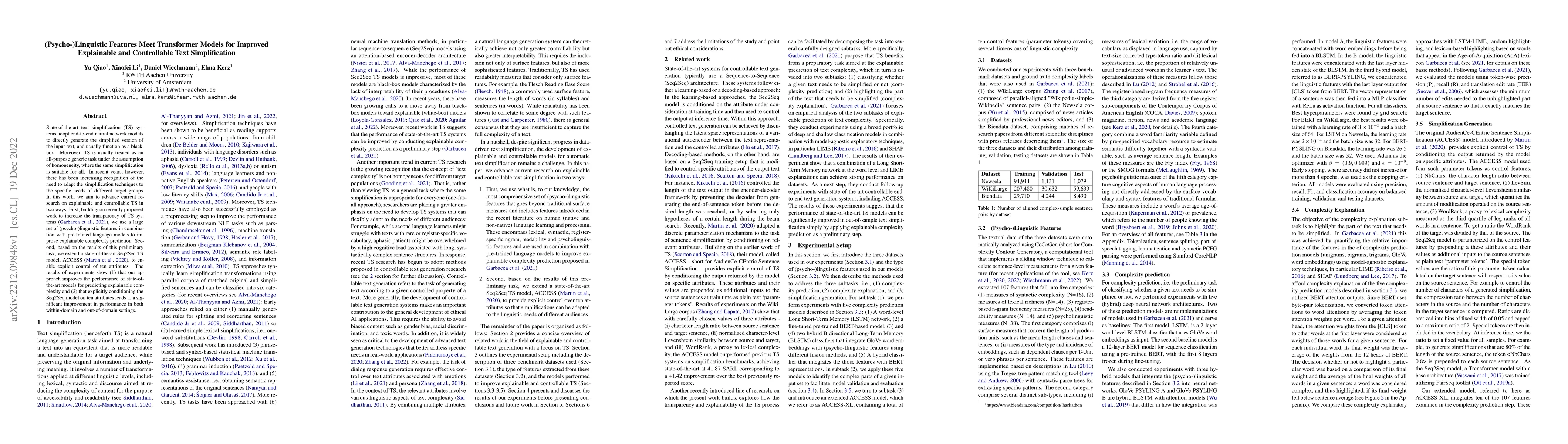 Thumbnail for (Psycho-)Linguistic Features Meet Transformer Models for Improved
  Explainable and Controllable Text Simplification