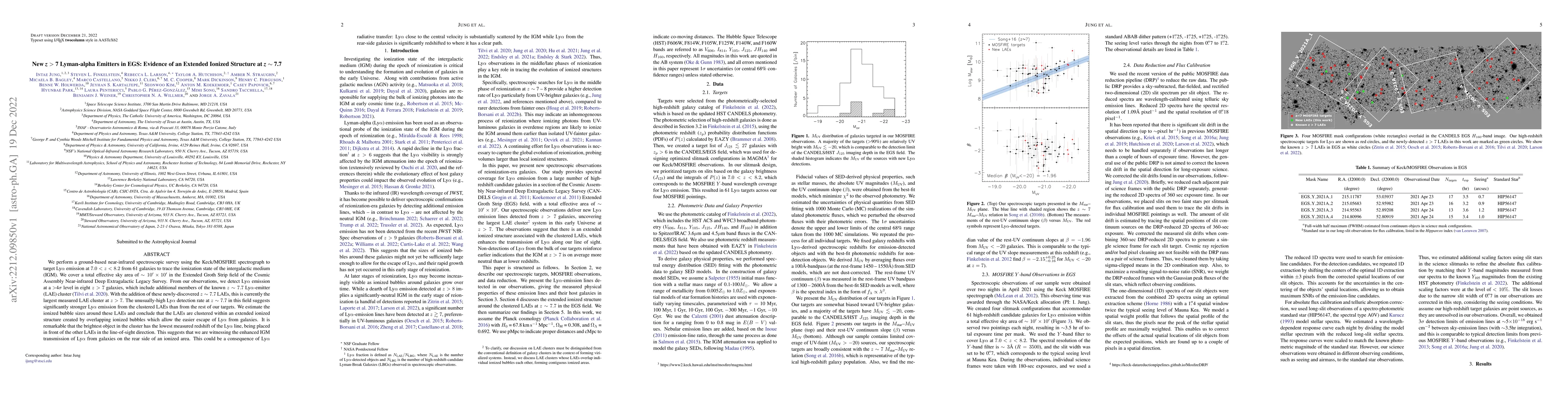 Thumbnail for New $z > 7$ Lyman-alpha Emitters in EGS: Evidence of an Extended Ionized
  Structure at $z \sim 7.7$