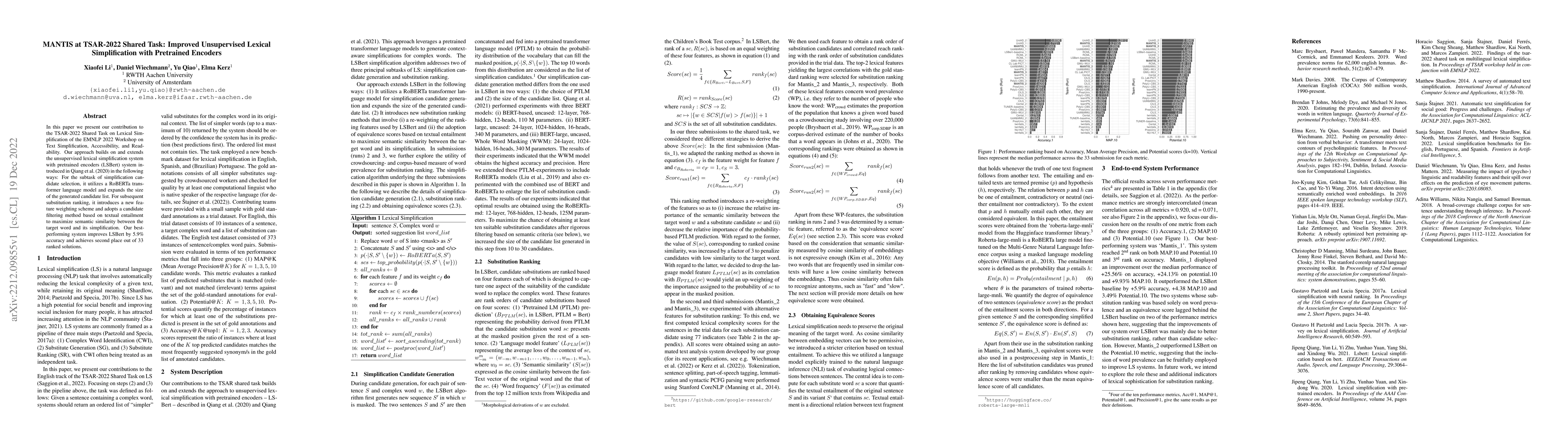 Thumbnail for MANTIS at TSAR-2022 Shared Task: Improved Unsupervised Lexical
  Simplification with Pretrained Encoders