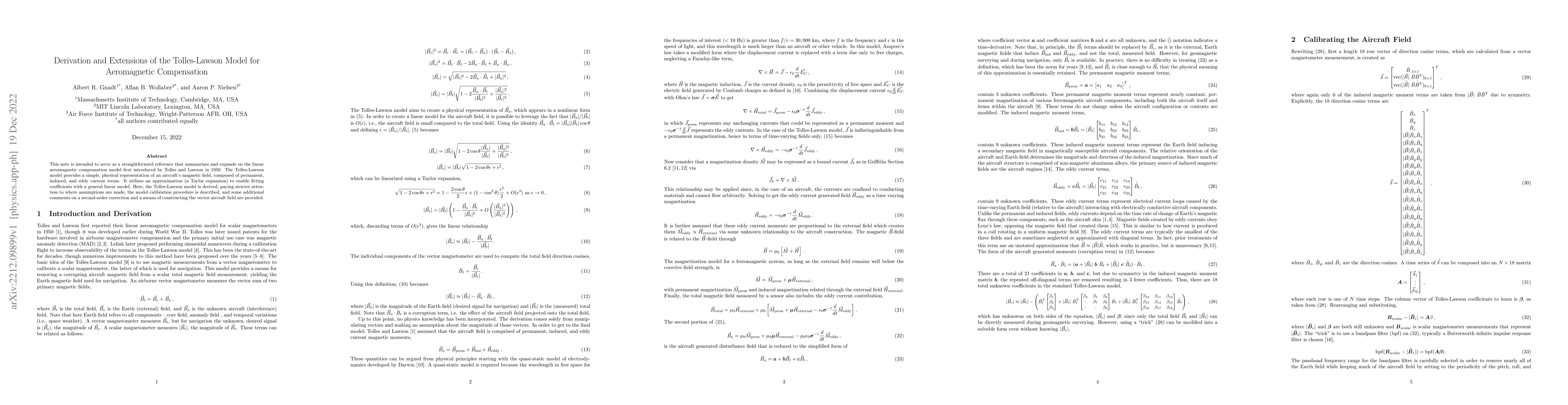 Thumbnail for Derivation and Extensions of the Tolles-Lawson Model for Aeromagnetic
  Compensation