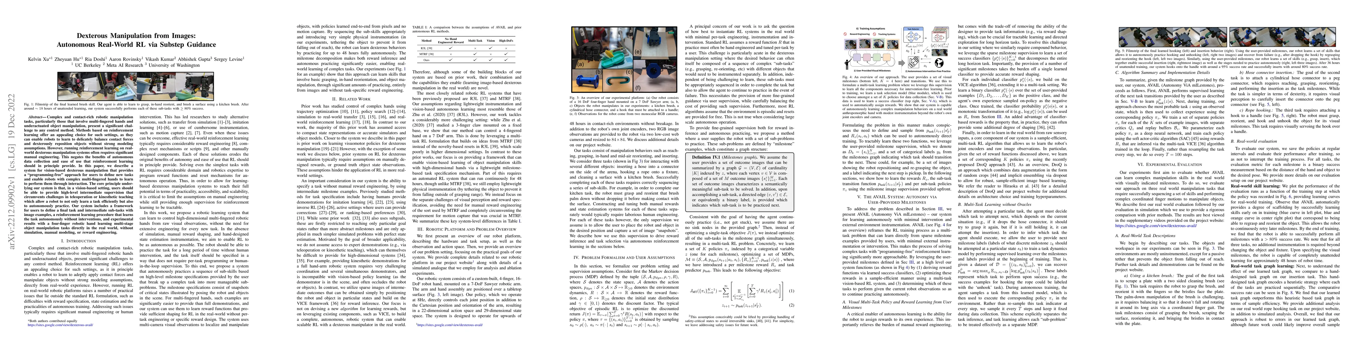 Thumbnail for Dexterous Manipulation from Images: Autonomous Real-World RL via Substep
  Guidance