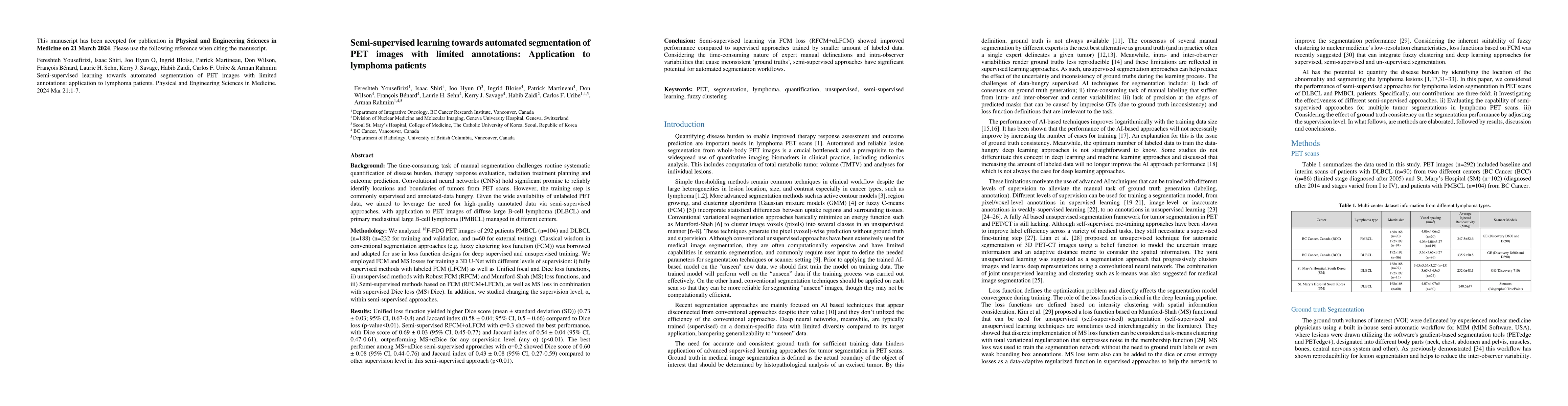 Thumbnail for Semi-supervised learning towards automated segmentation of PET images
  with limited annotations: Application to lymphoma patients