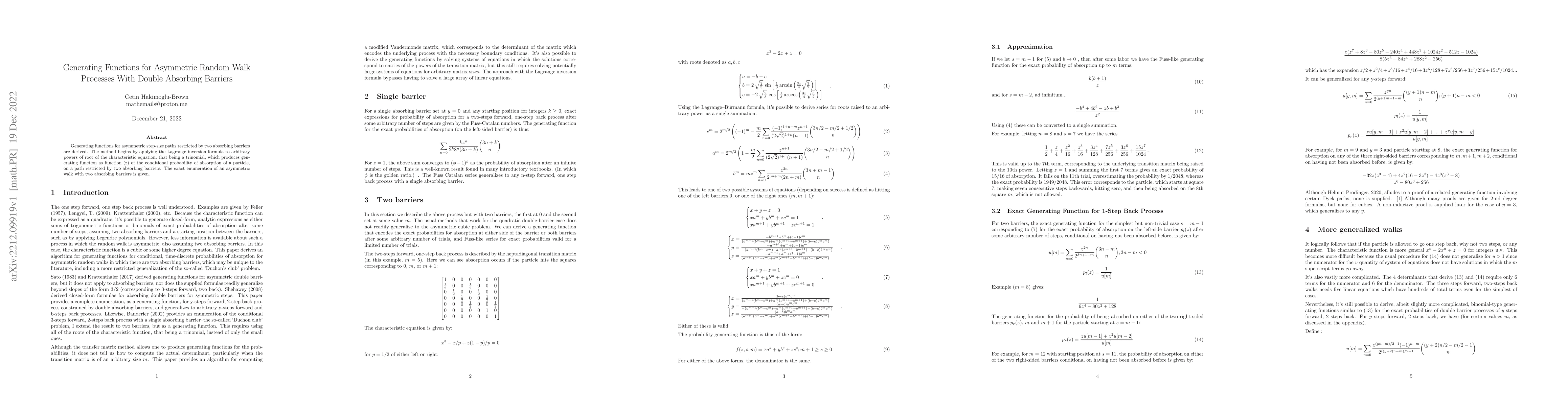 Thumbnail for Generating Functions for Asymmetric Random Walk Processes With Double
  Absorbing Barriers
