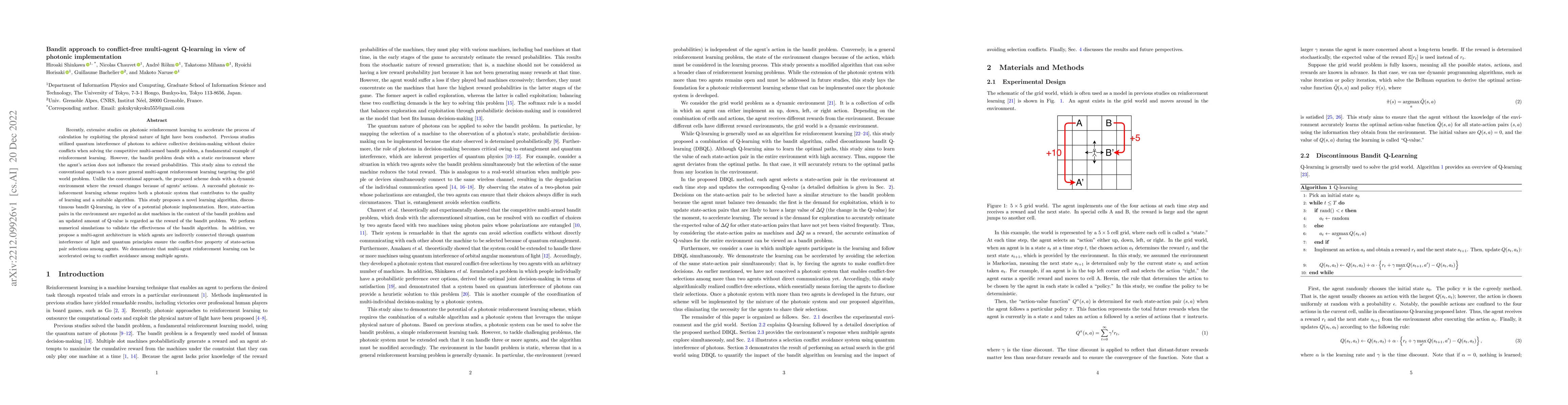 Thumbnail for Bandit approach to conflict-free multi-agent Q-learning in view of
  photonic implementation