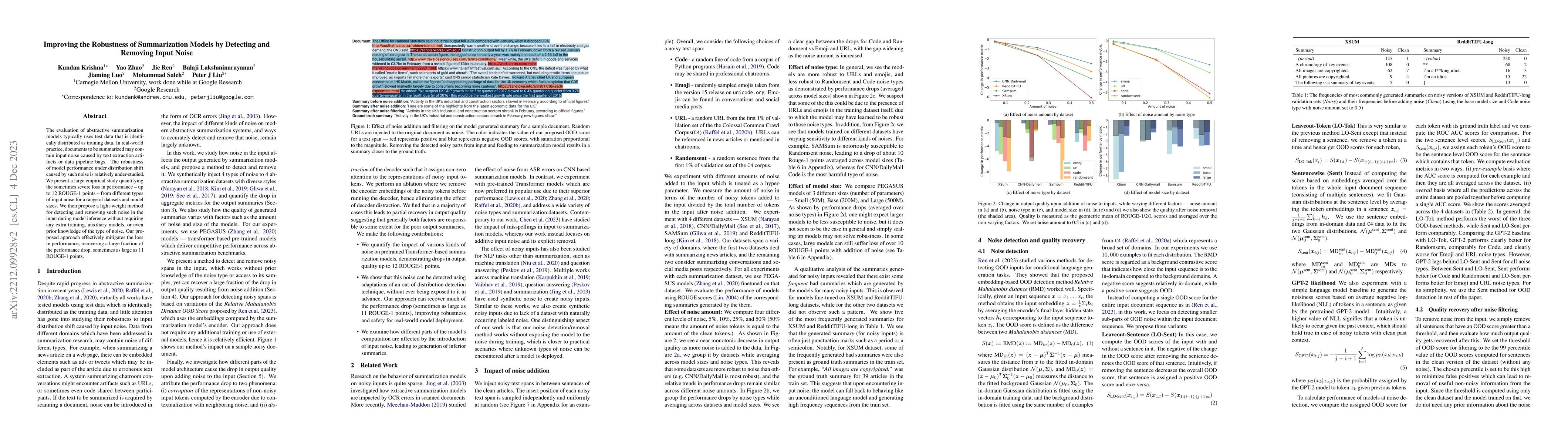 Thumbnail for Improving the Robustness of Summarization Models by Detecting and
  Removing Input Noise
