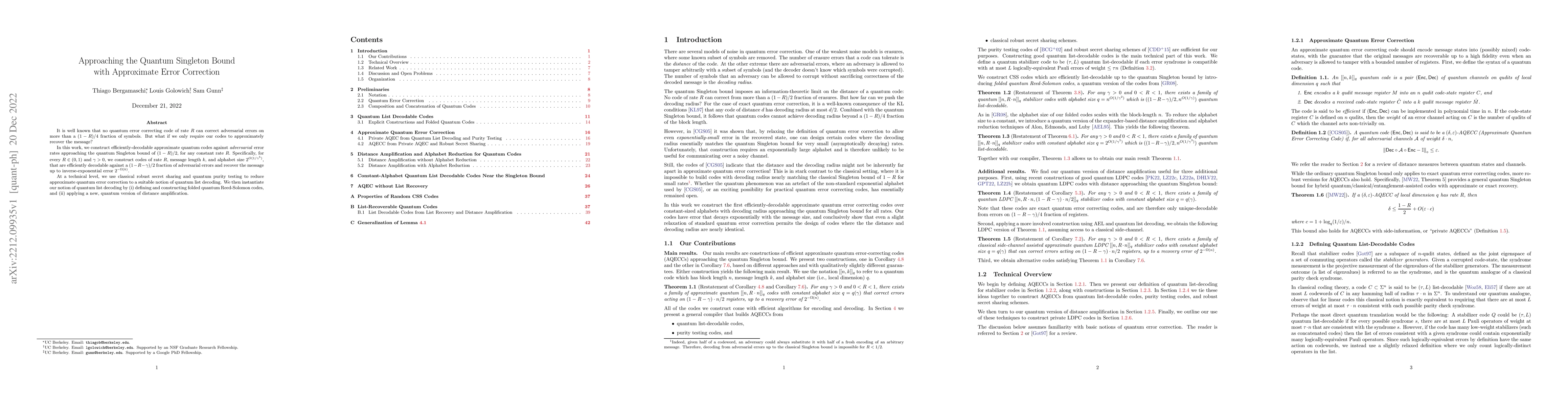Thumbnail for Approaching the Quantum Singleton Bound with Approximate Error
  Correction