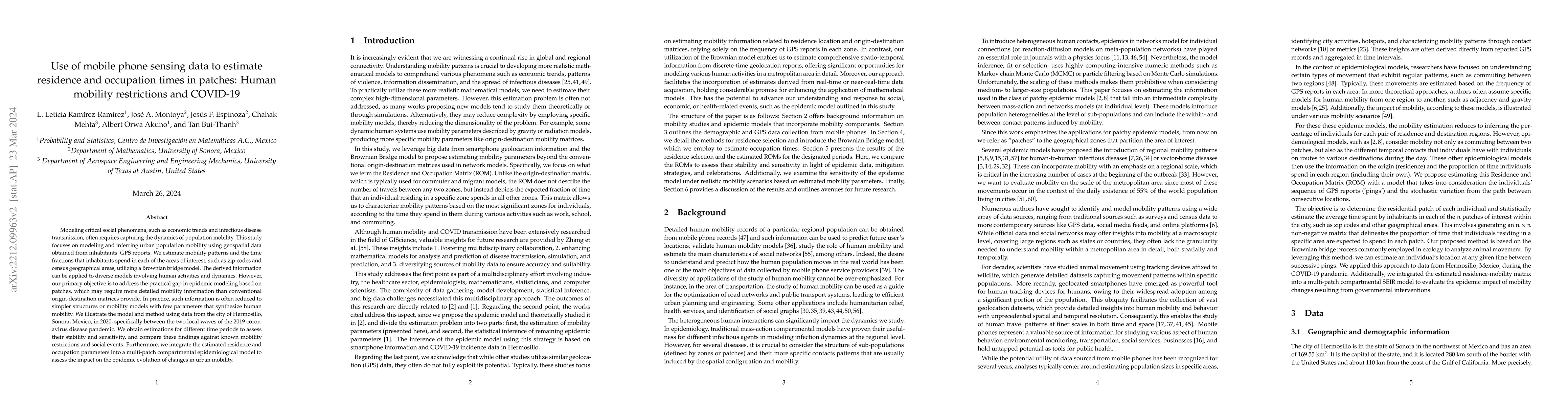 Thumbnail for Use of mobile phone sensing data to estimate residence and mobility
  times in urban patches during the COVID-19 epidemic: The case of the 2020
  outbreak in Hermosillo, Mexico