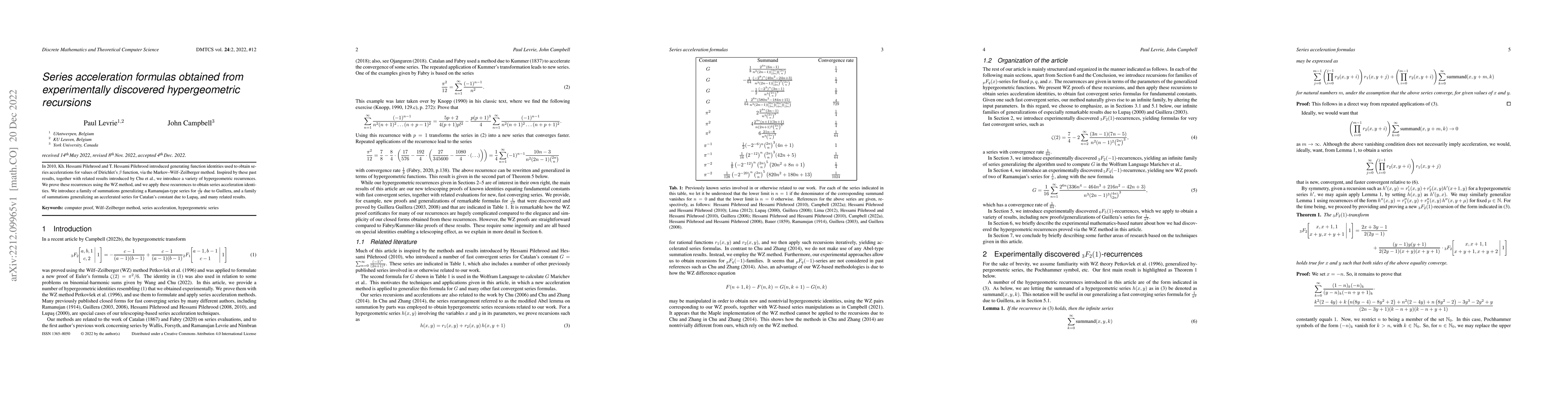 Thumbnail for Series acceleration formulas obtained from experimentally discovered
  hypergeometric recursions