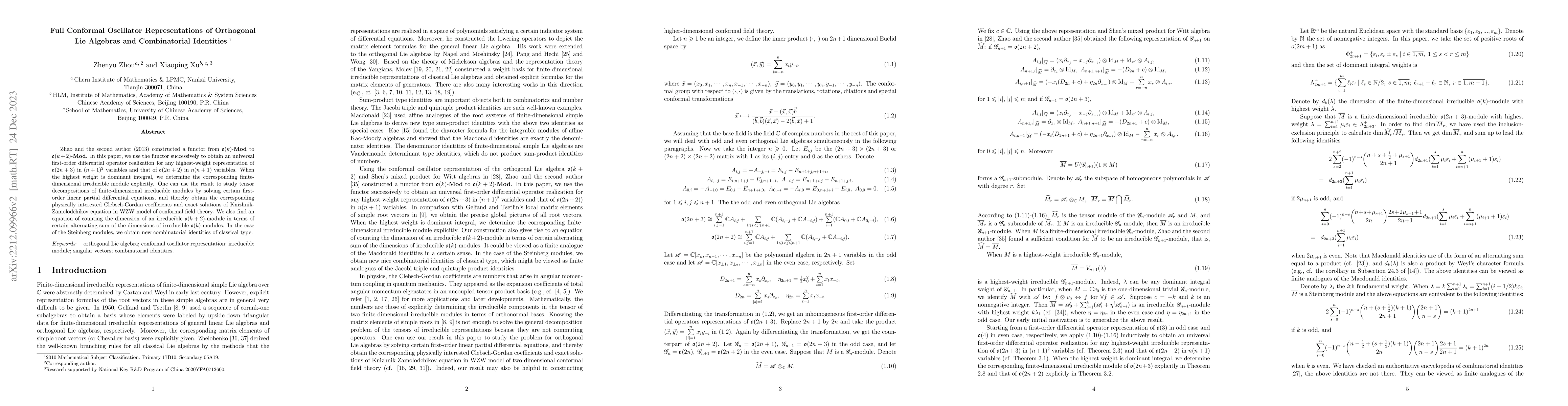 Thumbnail for Full Conformal Oscillator Representations of Orthogonal Lie Algebras and
  Combinatorial Identities