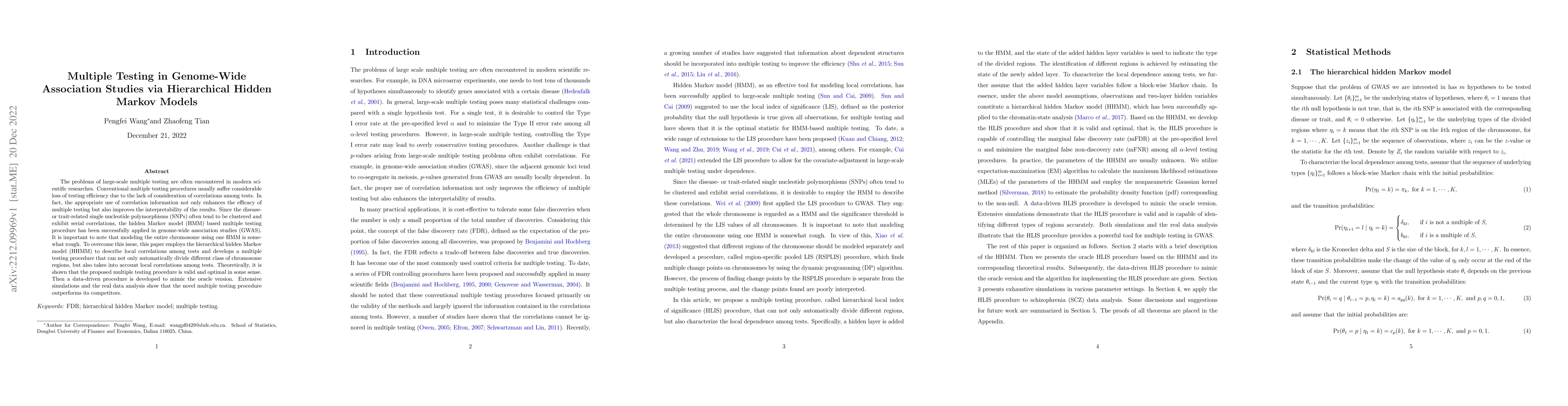 Thumbnail for Multiple Testing in Genome-Wide Association Studies via Hierarchical
  Hidden Markov Models