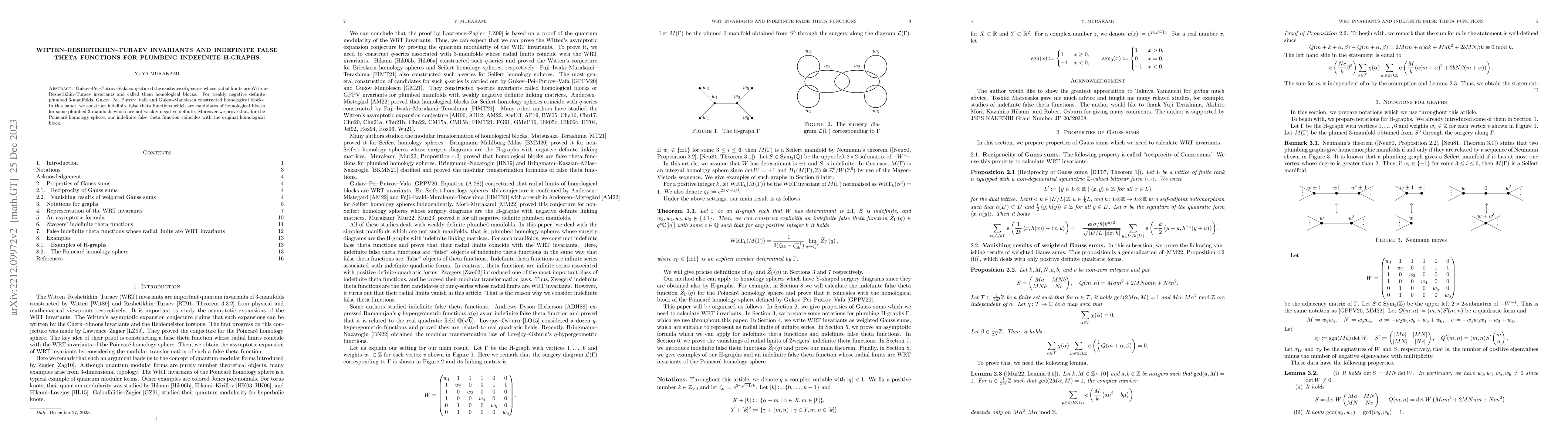Thumbnail for Witten-Reshetikhin-Turaev invariants and indefinite false theta
  functions for plumbing indefinite H-graphs