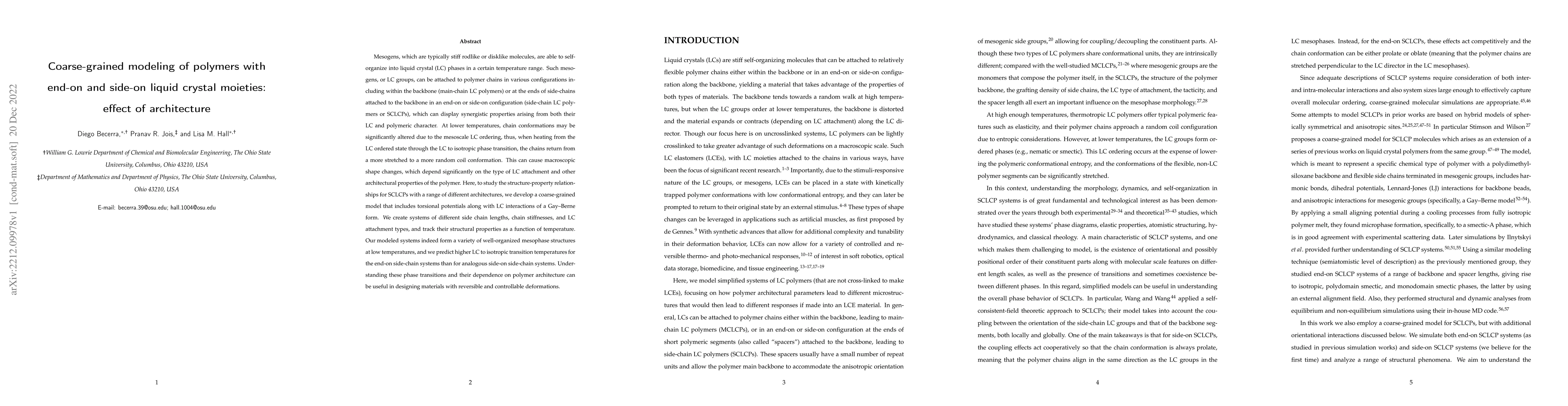 Thumbnail for Coarse-grained modeling of polymers with end-on and side-on liquid
  crystal moieties: effect of architecture