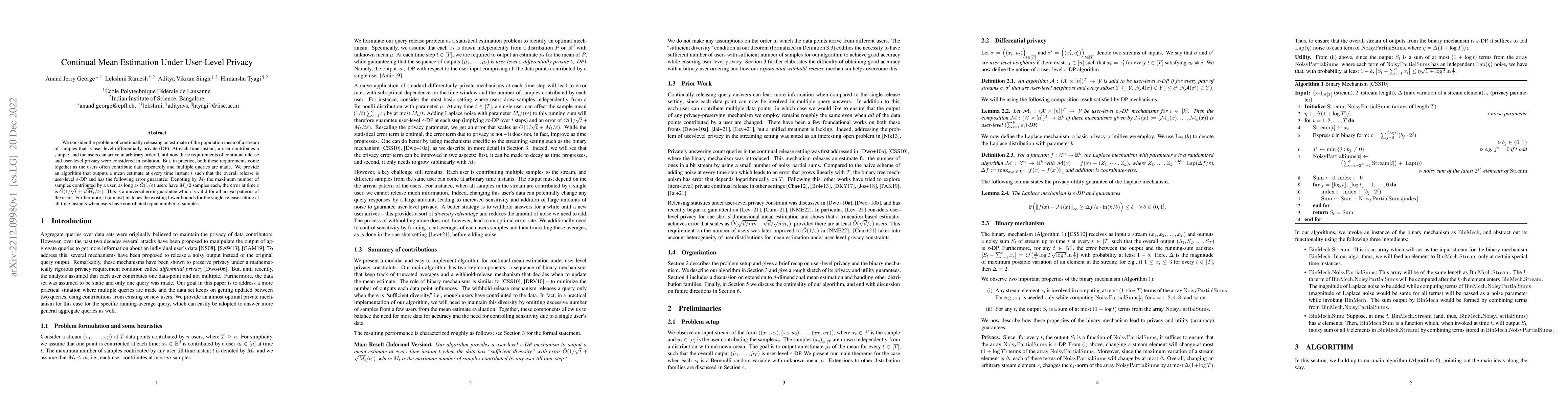 Thumbnail for Continual Mean Estimation Under User-Level Privacy
