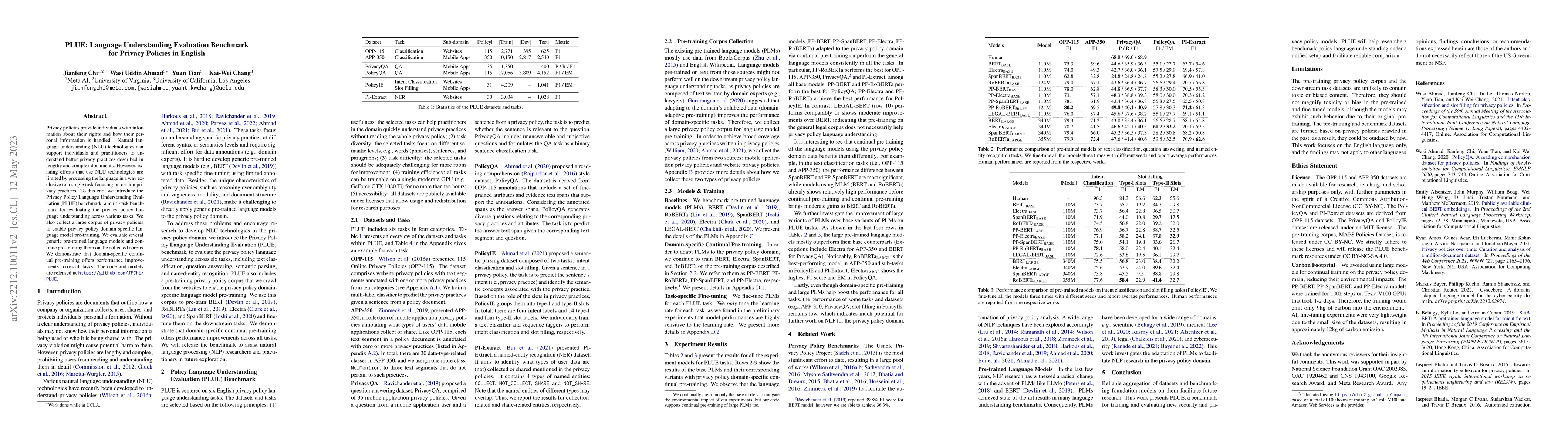 Thumbnail for PLUE: Language Understanding Evaluation Benchmark for Privacy Policies
  in English