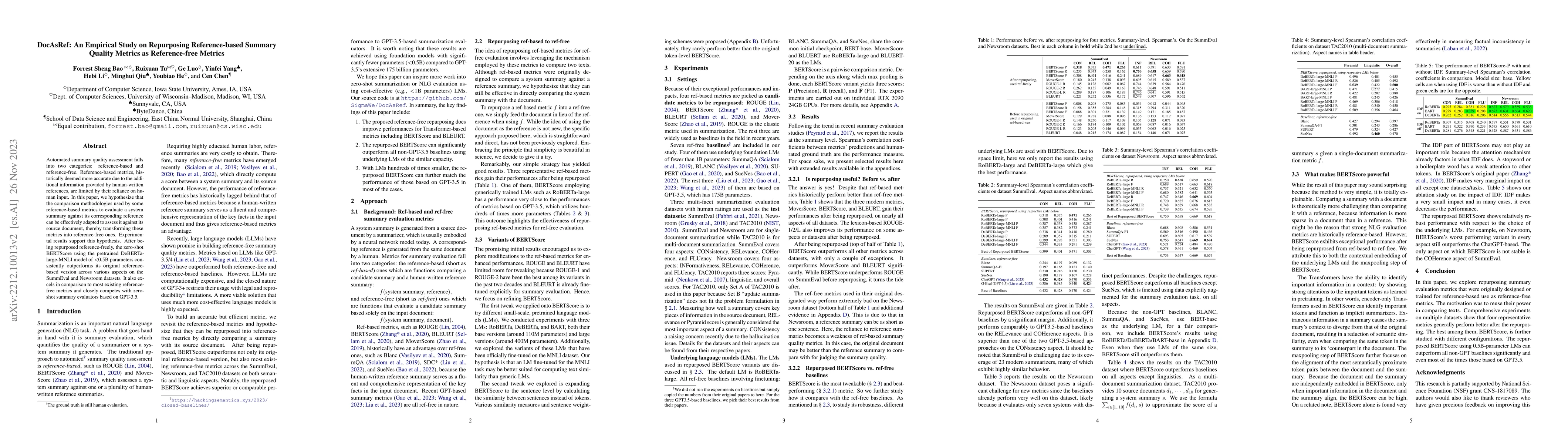 Thumbnail for DocAsRef: An Empirical Study on Repurposing Reference-Based Summary
  Quality Metrics Reference-Freely