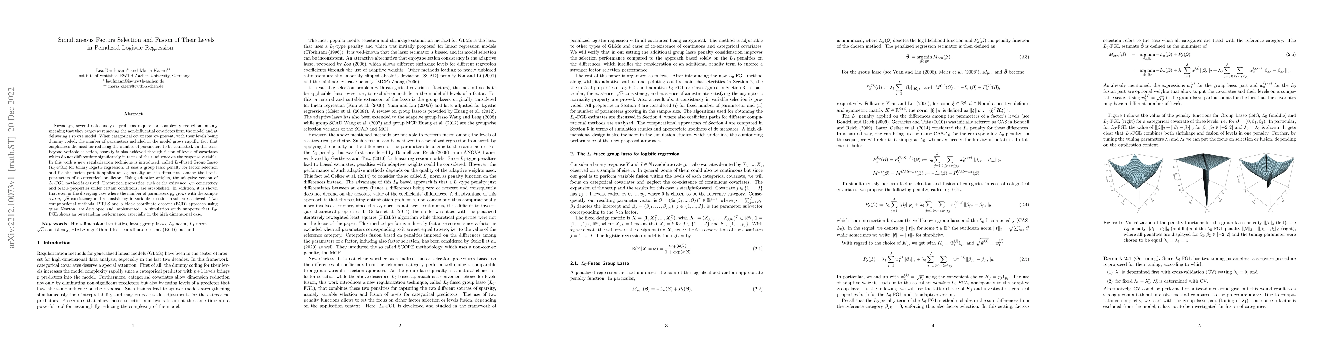 Thumbnail for Simultaneous Factors Selection and Fusion of Their Levels in Penalized
  Logistic Regression