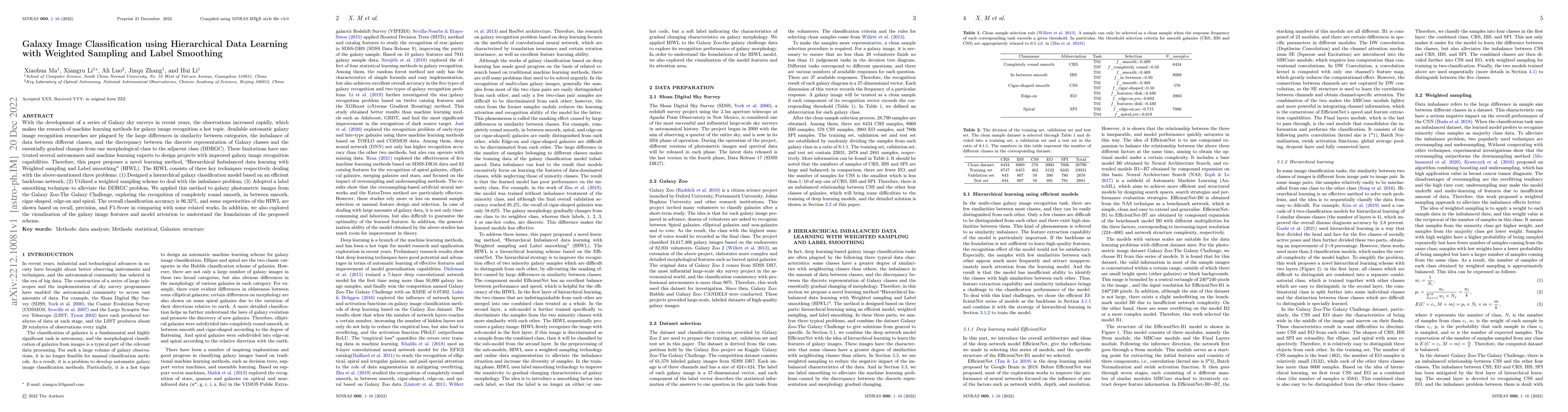 Thumbnail for Galaxy Image Classification using Hierarchical Data Learning with
  Weighted Sampling and Label Smoothing