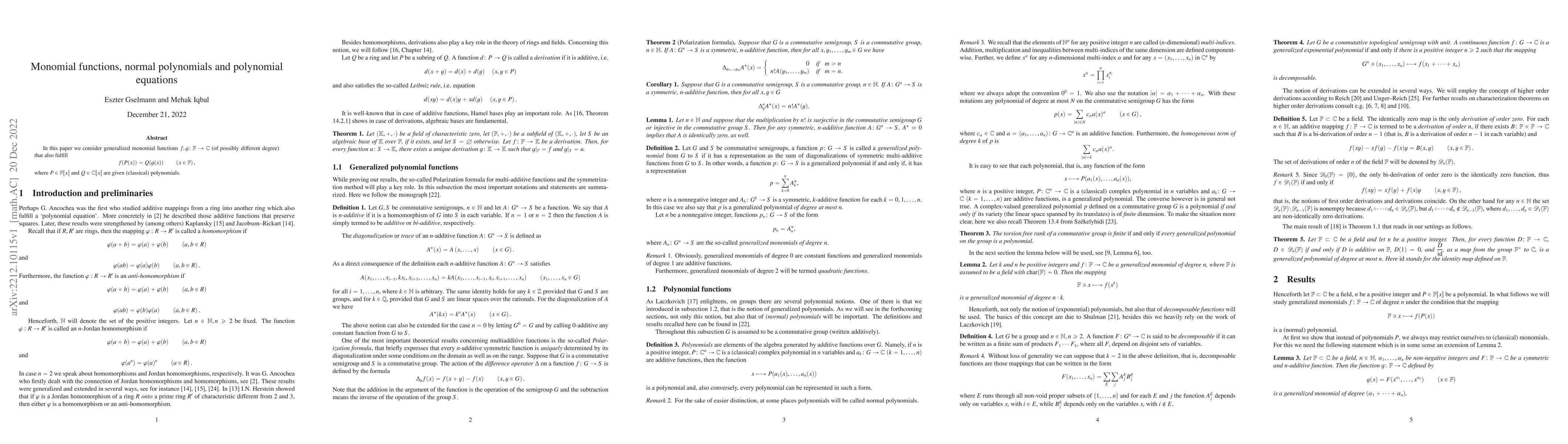 Thumbnail for Monomial functions, normal polynomials and polynomial equations