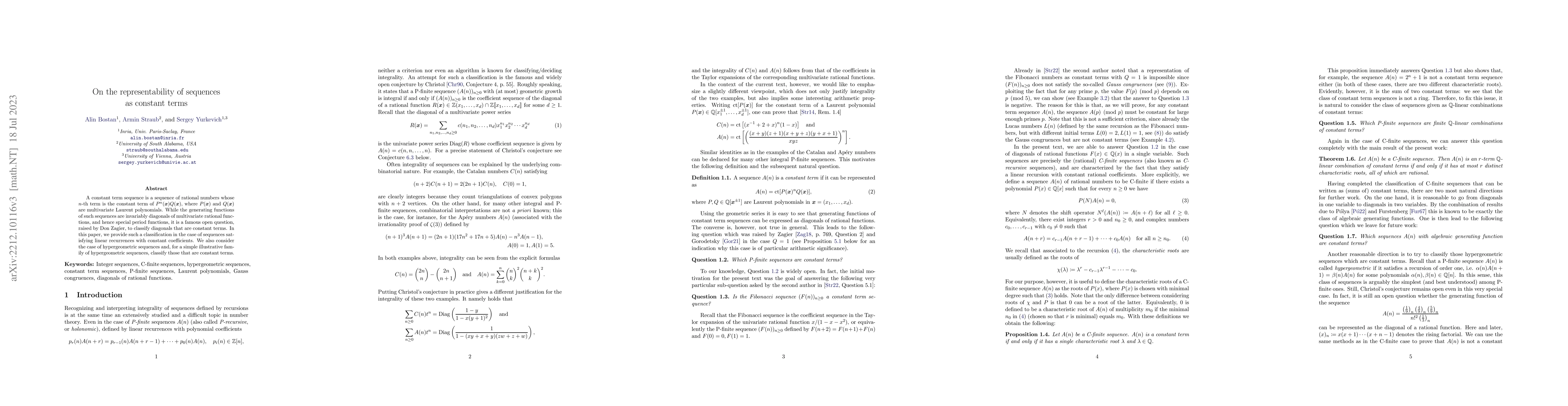 Thumbnail for On the representability of sequences as constant terms